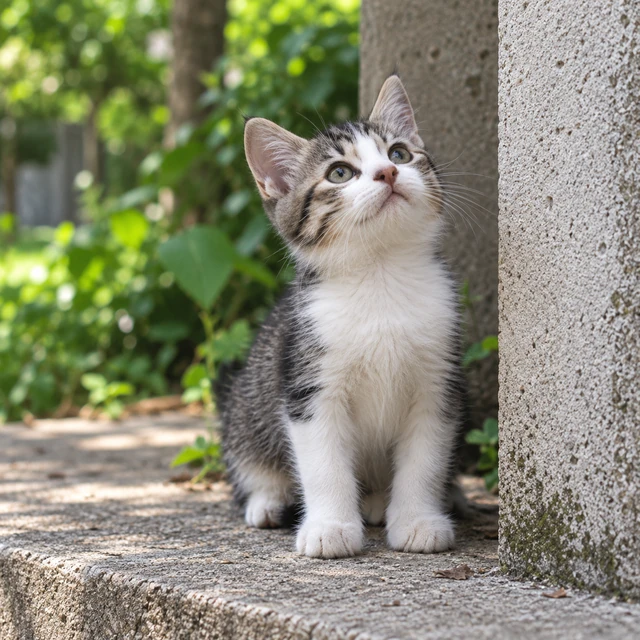 A curious tabby kitten looking up in the garden
