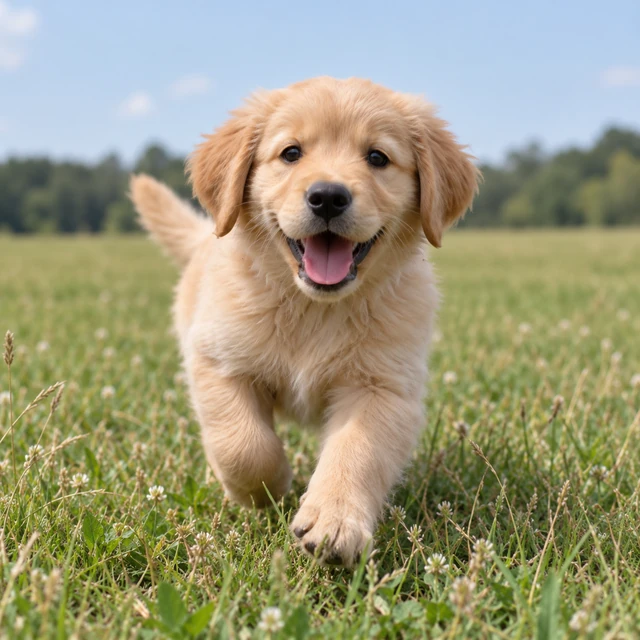 A happy golden puppy running across the grass