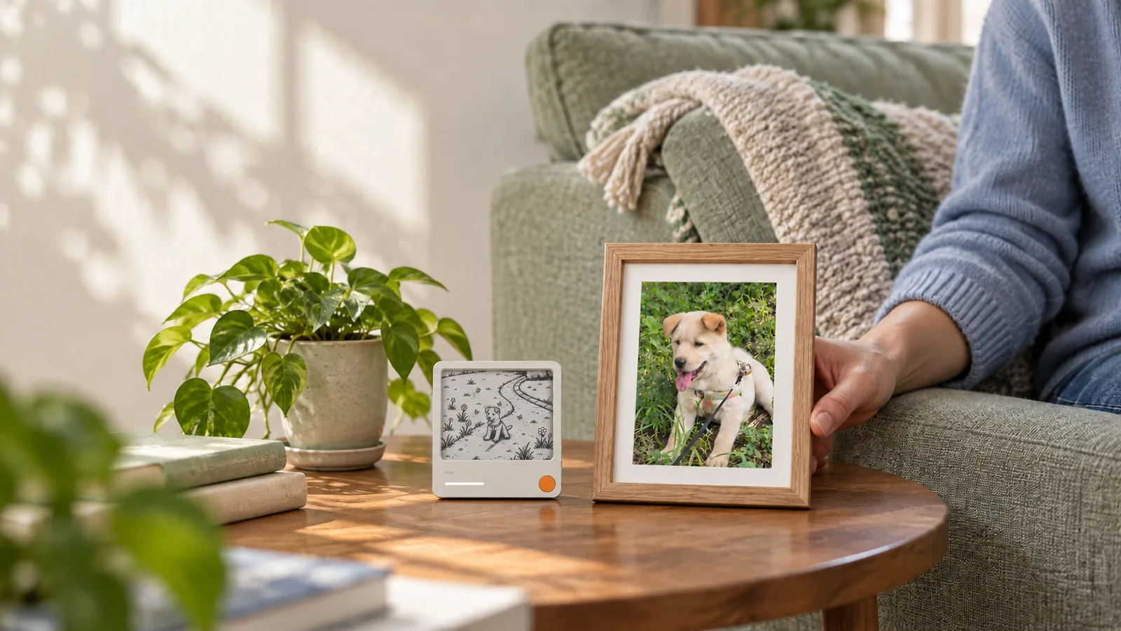A hand gently holds a framed puppy photo beside Vivlet, with the same puppy shown in pixels on its screen