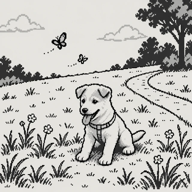 The puppy reimagined in a monochrome pixel garden