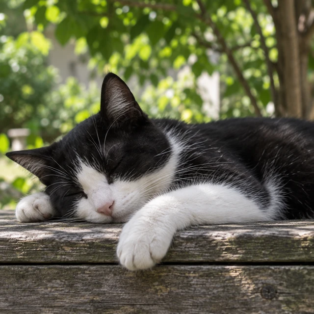 A black-and-white cat resting in the sunshine
