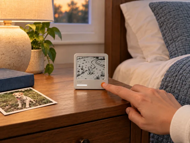A hand presses Vivlet's orange button on a nightstand, beside a printed puppy photo