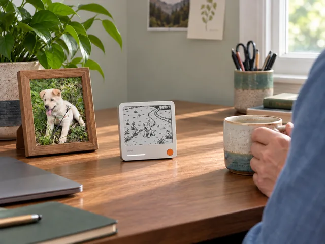 Someone pauses with a cup of coffee beside Vivlet and a framed photo of their puppy on a desk