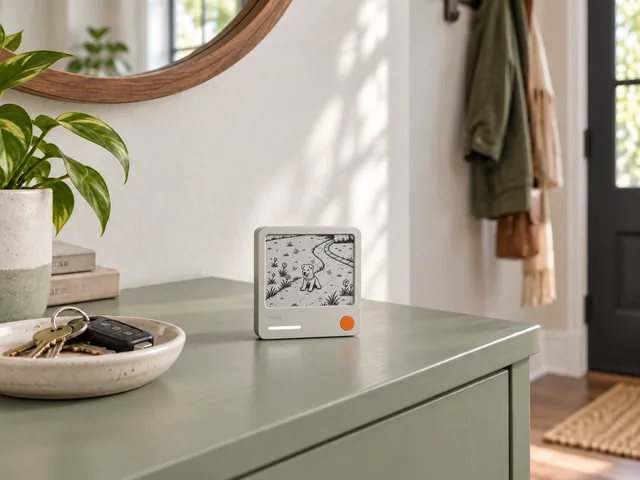 Light titanium Vivlet on an entryway console beside a dish of keys